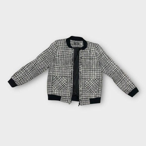 Karl Lagerfeld Paris Tweed Bomber Jacket Wool Blend Black White Size L - Picture 4 of 7